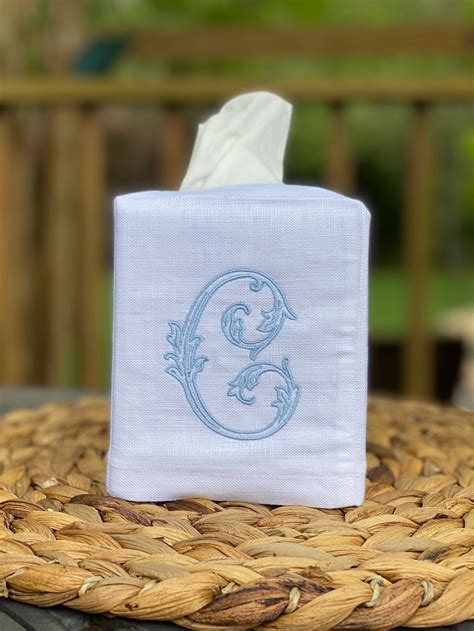 monogrammed linen tissue box cover personalized gift vine etsy
