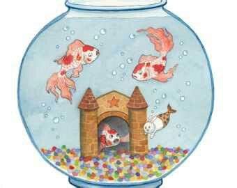 murbunny fish tank drawing mini canvas art goldfish