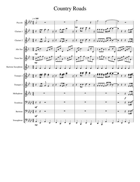 Country Roads Sheet Music For Clarinet Piccolo Alto Saxophone Tenor
