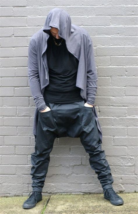 Mens Military Style Drop Crotch Pants In Black Coated