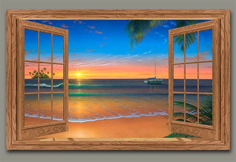 sunset seascape view   open window painting window painting
