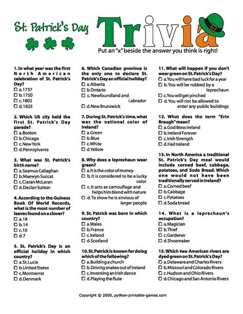 printable trivia  classroom sheet  st patricks day games st