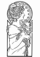 Coloring Nouveau Pages Deco Adult Adults Femme Printable Drawing Style Book Color Woman Mucha Alphonse Coloriage Google Beautiful Drawn Liberty sketch template