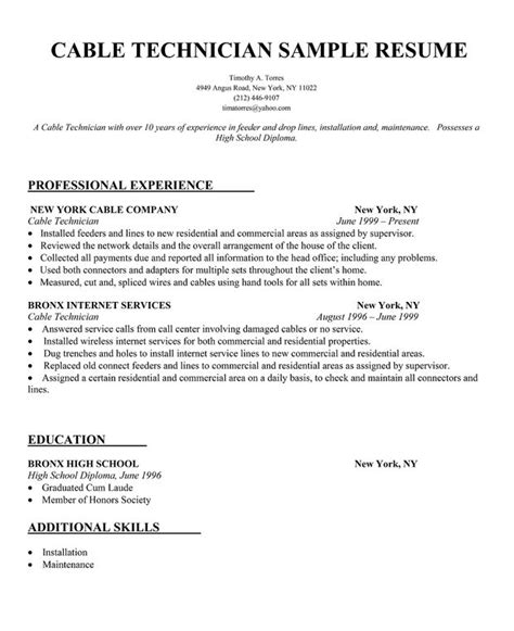 cable technician resume sample resume samples across all industries pinterest resume