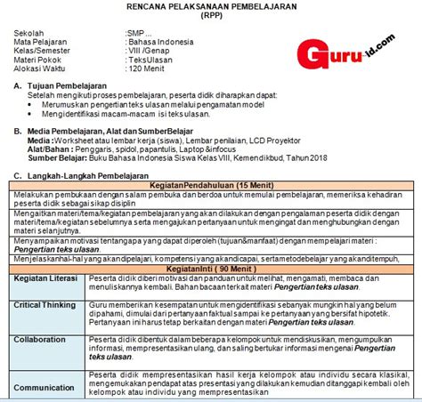 Rpp 1 Lembar Bahasa Indonesia Smp Mts K13 Revisi 2020 Beragam Informasi
