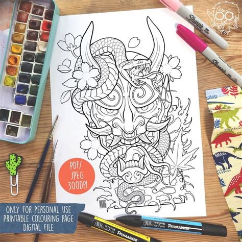 oni mask tattoo colouring page digital  etsy oni mask tattoo mask tattoo oni mask