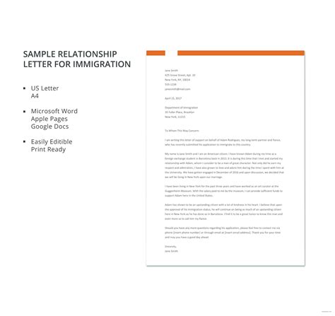 sample relationship letter  immigration   word google