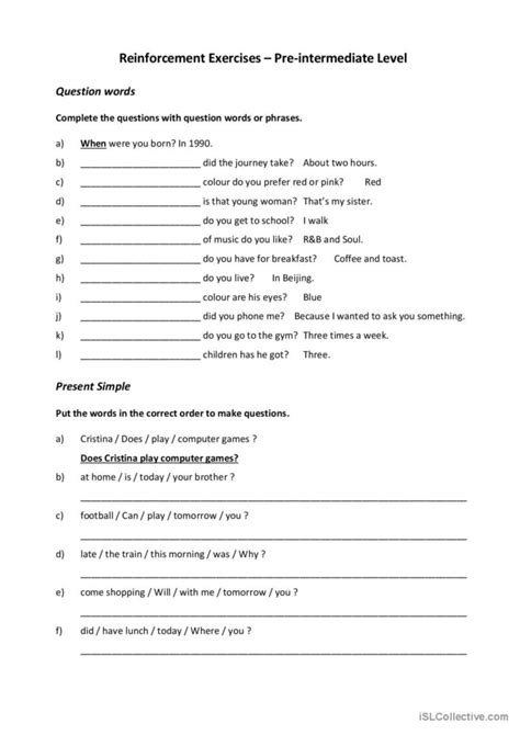 pre intermediate grammar exercises english esl worksheets