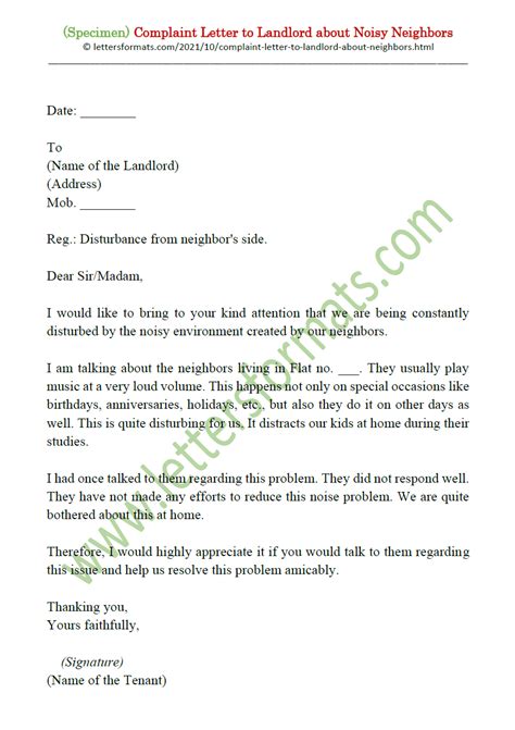 sample complaint letter  landlord  noisy neighbors