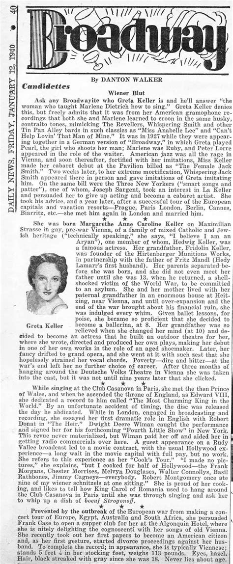 Greta Keller Biography In The New York Daily News 01 12 1940 Cy Walter