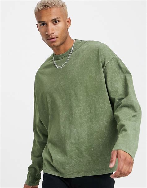 asos design oversized long sleeve  shirt  heavyweight green acid wash modesens