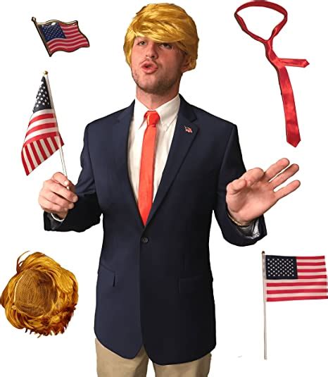 Full Donald Trump Halloween Costume Set Wig Tie Pin And Flag