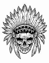 Coloring Skull Tattoo Pages Indian Chief Adults Tattoos Skeleton Color Drawings Print Adult Tatoo Books Printable Native Drawing American Wings sketch template