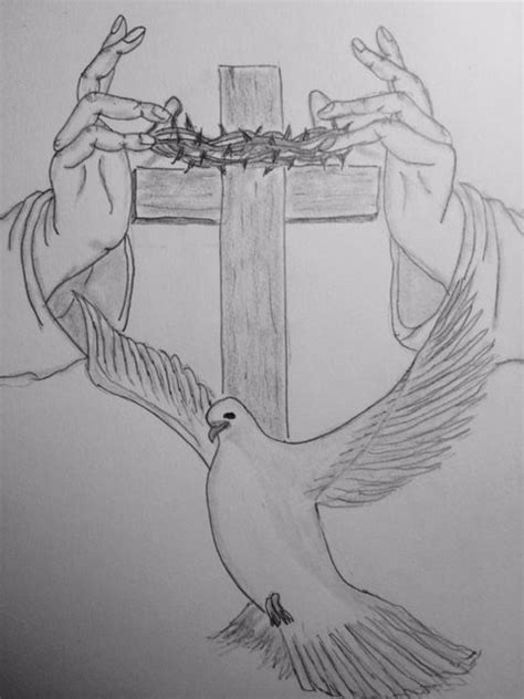 pencil drawing  hands holding  cross   dove