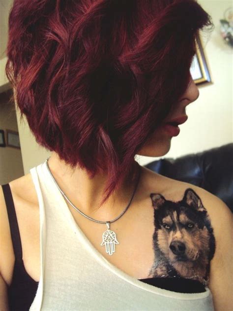 short angled red hair plus wolf chest shoulder tattoo♡♡ hair styles