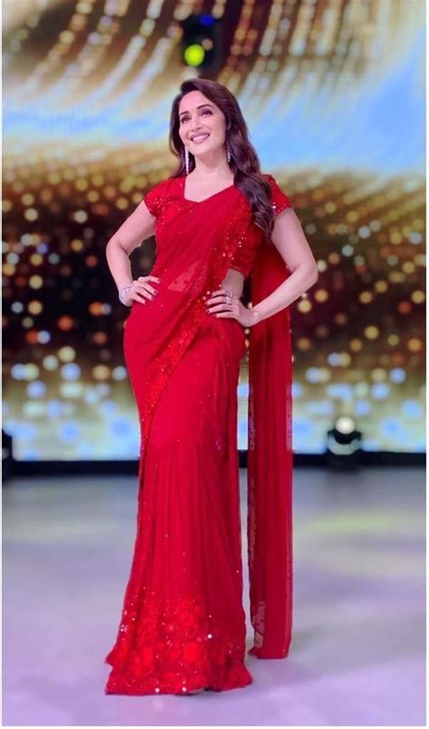 pretty bollywood madhuri dixit red saree in 2020 utsav fashion saree