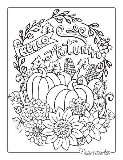 autumn coloring page  flowers  pumpkins