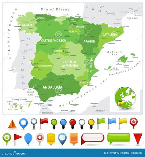 spain map spot green colors  glossy icons stock vector illustration  administrative