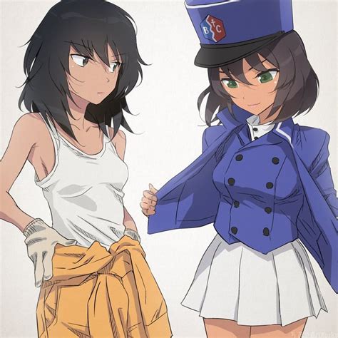 two anime girls standing next to each other in front of a white wall