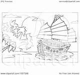 Coloring Outline Chinese Boat Island Near Illustration Clip Royalty Visekart Vector Clipart sketch template