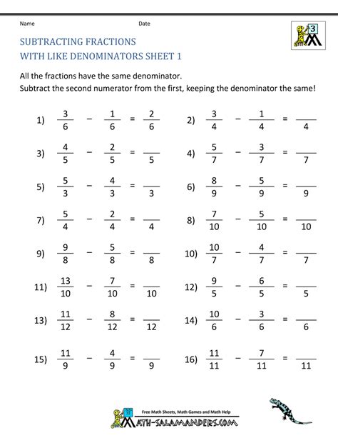 fraction worksheets adding subtracting fractions