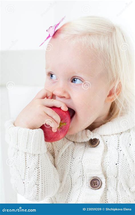 small happy girl stock image image  jumper apple