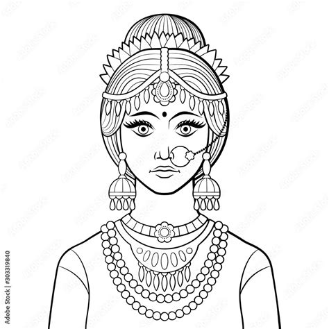 beautiful indian woman  traditional outfit antistress coloring page