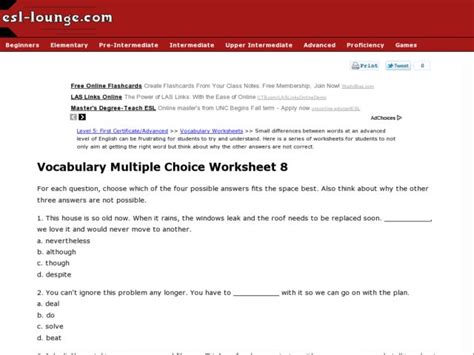 vocabulary multiple choice worksheet  worksheet  higher ed lesson