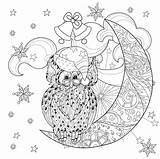 Coloring Christmas Owl Moon Pages Winter Adult Color Owls Cartoon Adults Printable Santa Glasses Half Justcolor Clouds Claus Sitting Hat sketch template