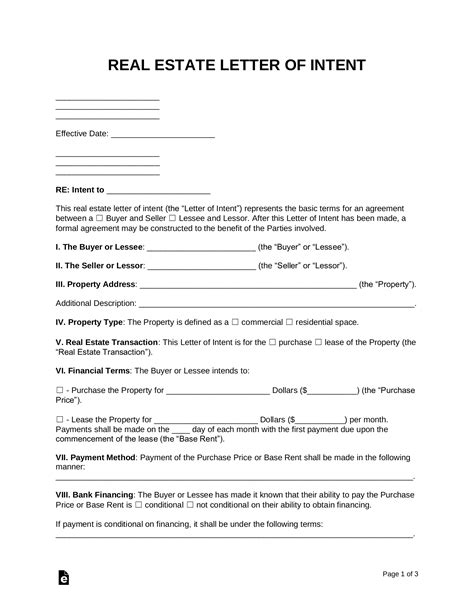 real estate letter  intent purchase  lease word  eforms