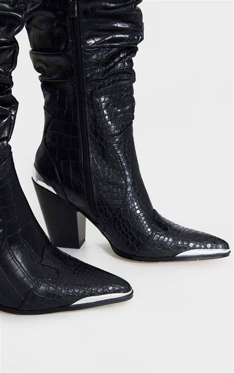 black croc slouchy thigh high western boots prettylittlething