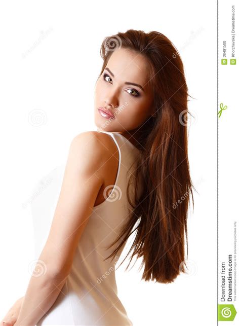 teen girl beautiful portrait with long brown hair stock