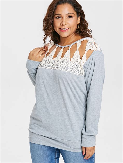 Rosegal Plus Size Crochet Color Block Pullover T Shirt Women T Shirts