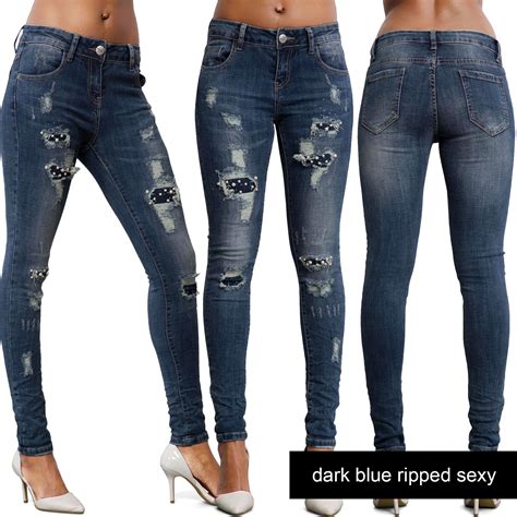 womens ripped knee skinny jeans faded slim fit ladies denim size 6 8 10
