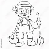 Cartoon Farmer Drawing Basket Contour Pitchfork Isolated Paintingvalley sketch template