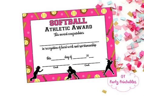 softball certificate  achievement softball award print etsy