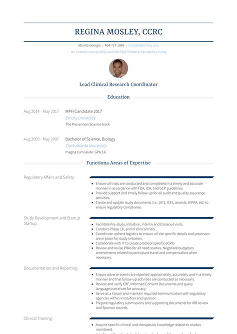 clinical research coordinator resume samples  templates visualcv