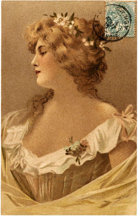 vintage alluring woman portrait with french stamp postcard