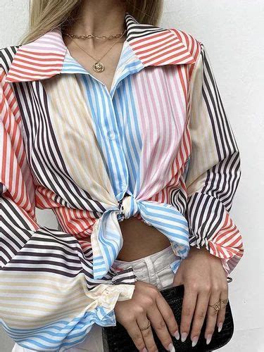 Lapel Collar Lace Up Full Lantern Sleeves Stripes Top Amyra