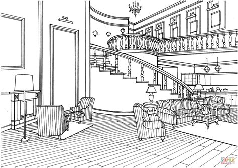 classic decor large living room  stairs coloring page