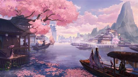 cherry blossom mountain boat river cherry tree fantasy
