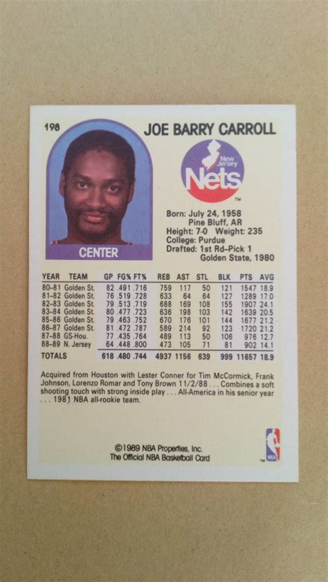 1989 90 Nba Hoops 198 Joe Barry Carroll New Jersey Nets