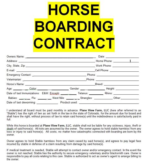 horse boarding contract sample template form   word horse