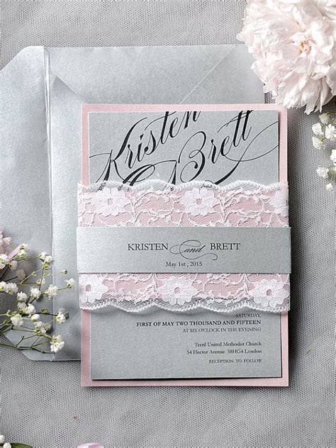 grey and pink wedding invitation calligraphy vintage lace wedding