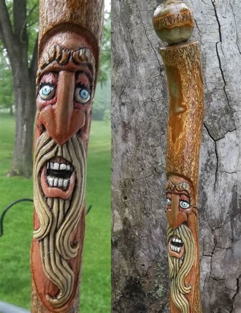 hand carved wood spirit walking stick  artist steve bond  sassafras