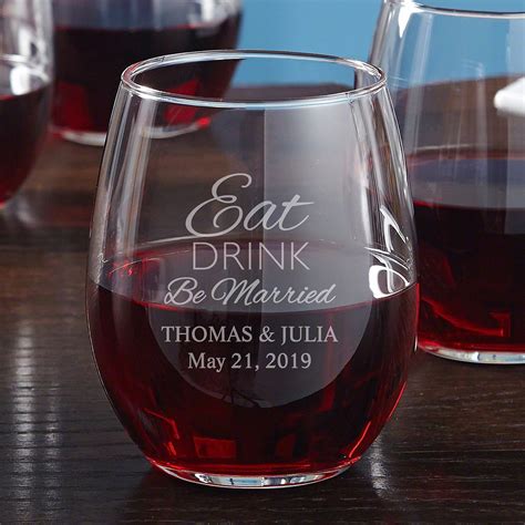 eat drink  married personalized stemless wine glass