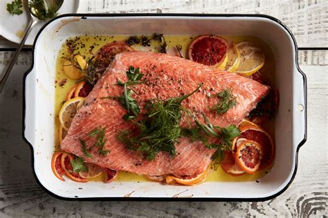 slow roasted citrus salmon with herb salad recipe nyt cooking