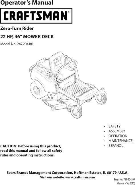 Craftsman 247204181 1502412l User Manual Zero Turn Riding Mower Manuals
