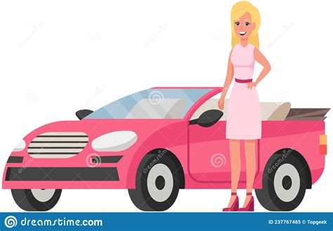Pretty Girl With Beautiful Hair In Dress Stands Near Pink Car Blonde