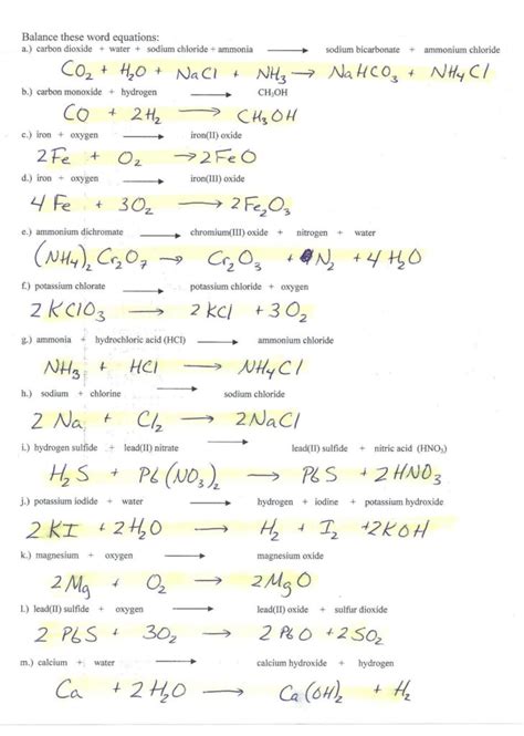 balancing equations answer key writing chemical equations worksheets